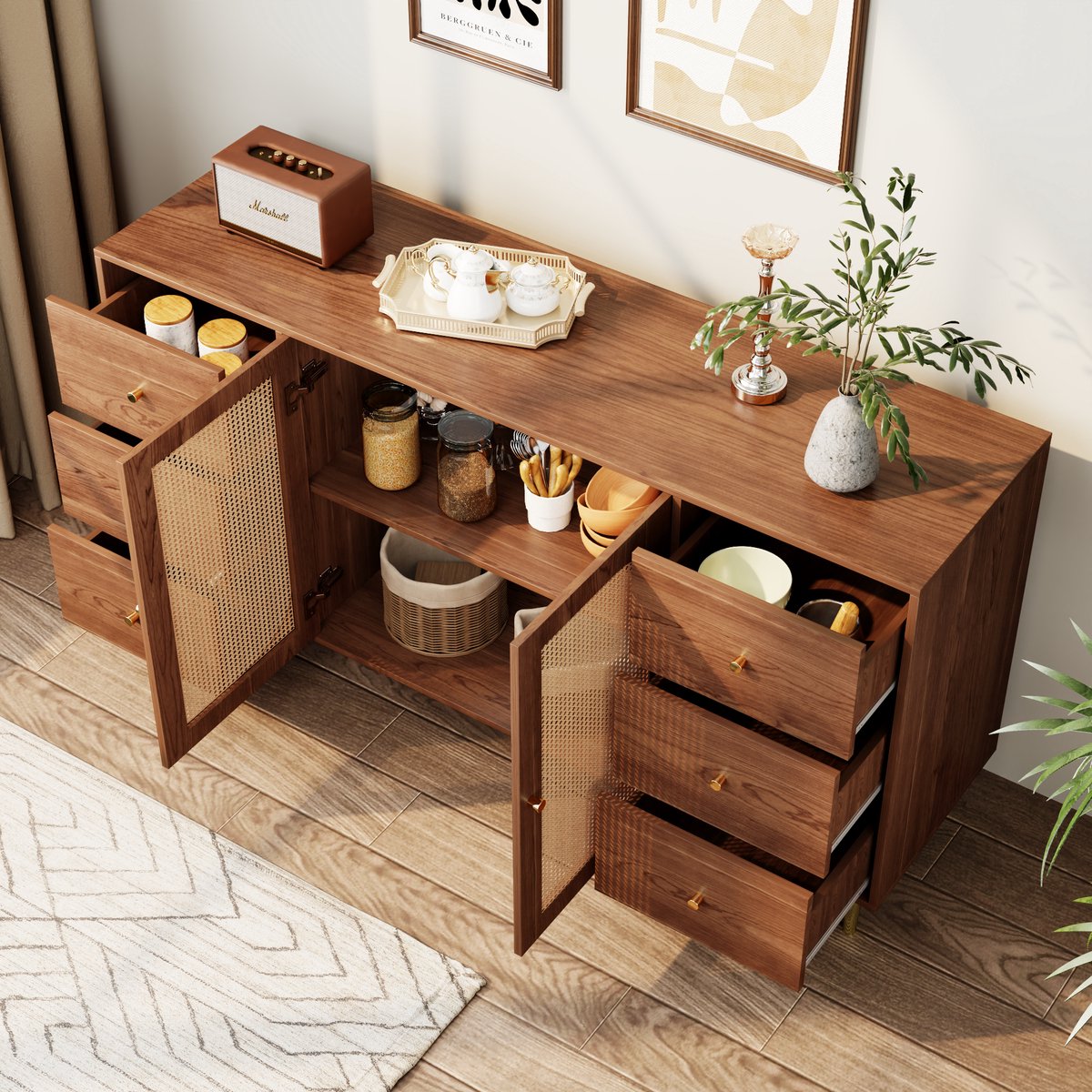 HAUSS SPOLE Dressoir - Rattan Dressoir Met 6 Laden En 2 Deuren - Multifunctioneel Als TV-M