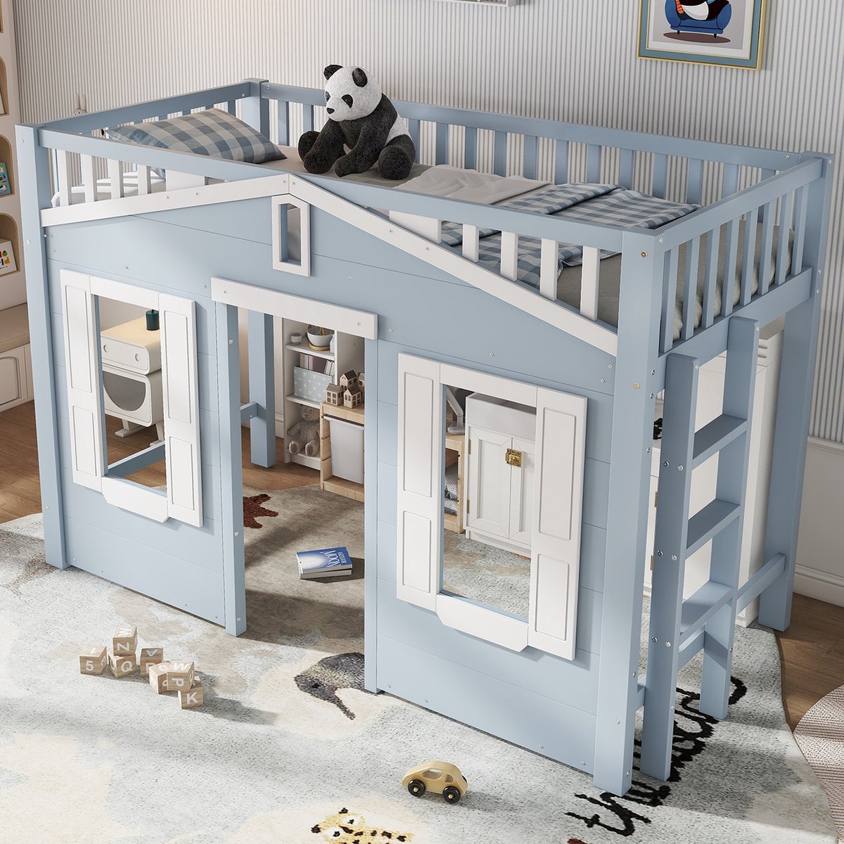 STILVORA Hoogslaper 90x200cm – Kinderbed Met Veilig Leuning & Flexibele Trapmontage – Ruimte Onder Voor Spelen/Opbergen – Hout+MDF – Wit+Blauw – Zonder matras