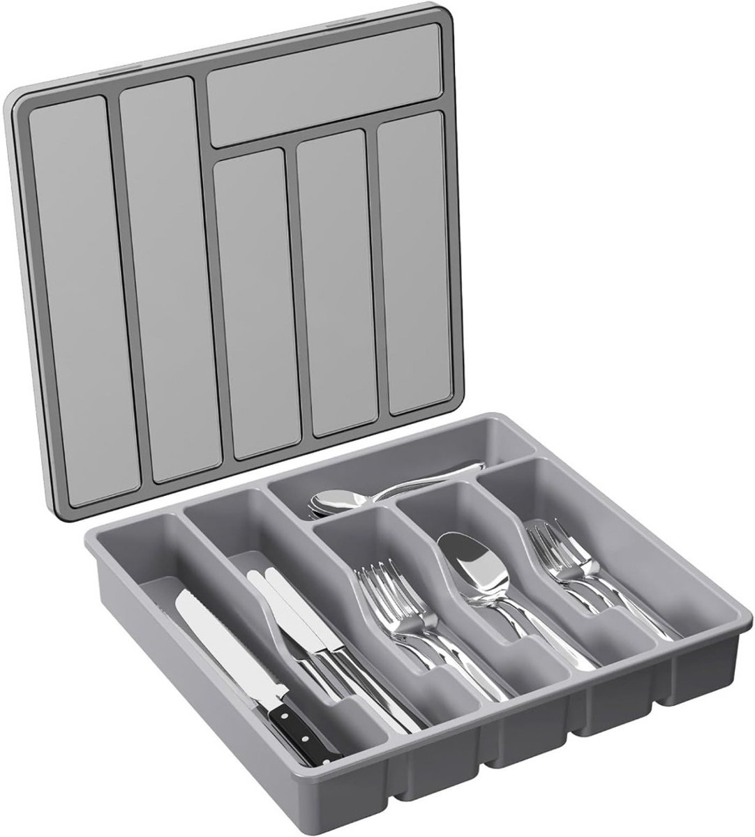 Bestekorganizer met Deksel - 6 vakken voor Mes, Vork, Lepel, Grijs, Voedselveilig PP (32x30x5.4 cm) - Stofvrij en Geschikt voor Keukenla, Aanrecht, Picknick, Camping en RV