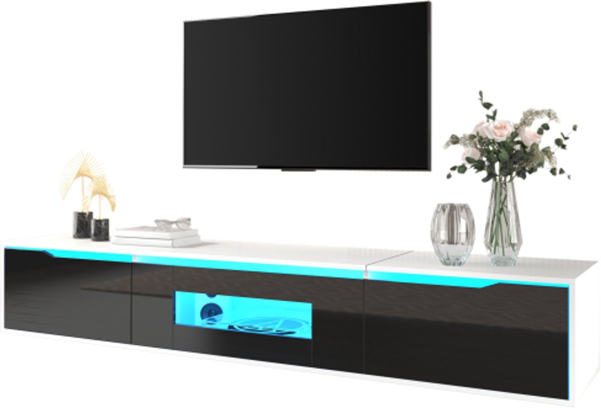 Clruro TV-Meubel - 180x35x30 cm - Hoogglans - LED-verlichting in 16 Kleuren - Wandmontage Optie - Houtvezelplaat - Wit/Zwart