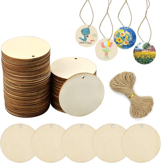 ENLACE 50 Stuks Ronde Houten Schijven met Gat, 3 cm Diameter, voor Doe-het-zelf Handwerk, Hangende Decoratie, Schilderen, Sleutelhangers