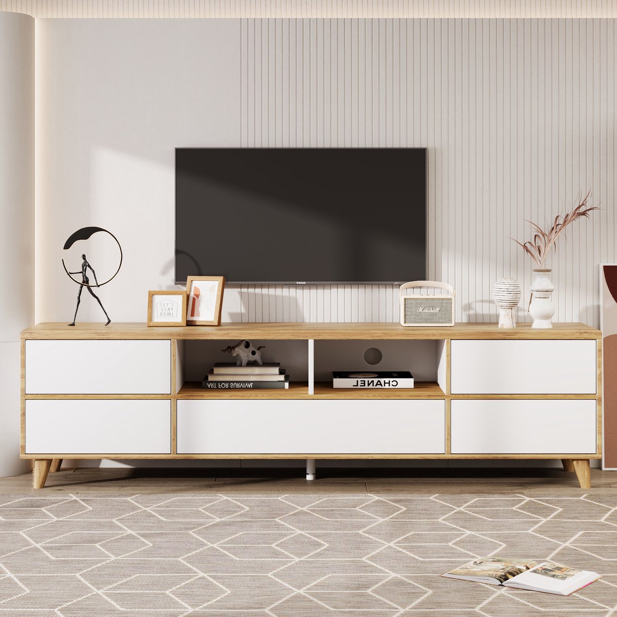 MODFU TV-meubel 175x37x51 cm van MDF, wit met houtaccenten, met deuren en opbergruimte, modern ontwerp