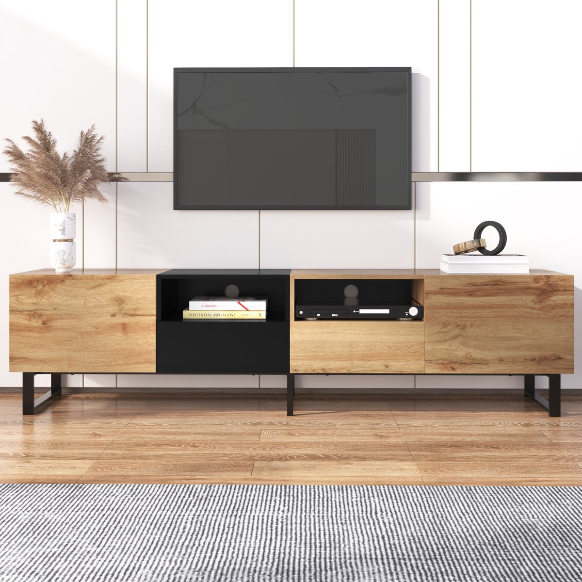 MODFU TV-meubel 190x38x48 cm van MDF, zwart en naturel hout, met opbergruimte en laden, modern ontwerp