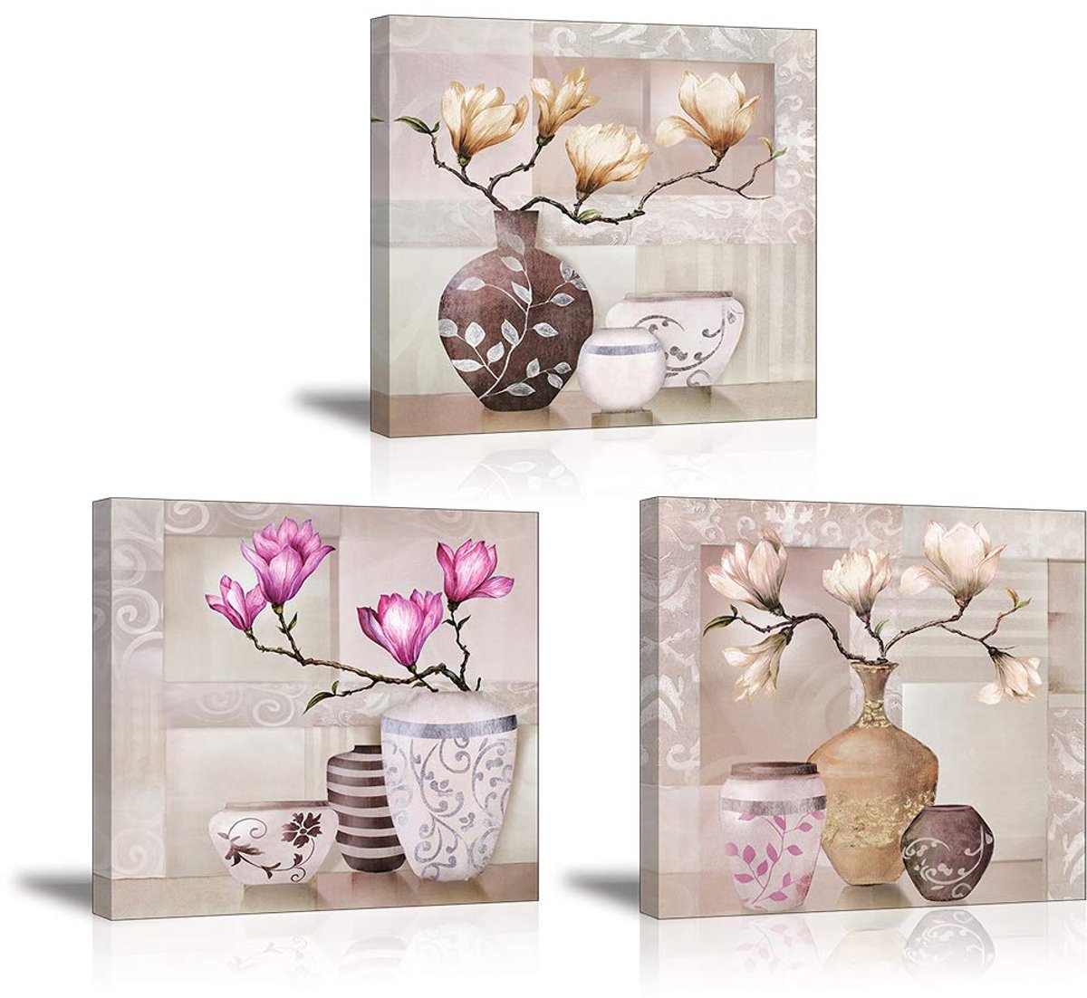 Unyqoos Kleurrijke Magnolia Canvas Wanddecoratie Set van 3 voor Interieurverrijking