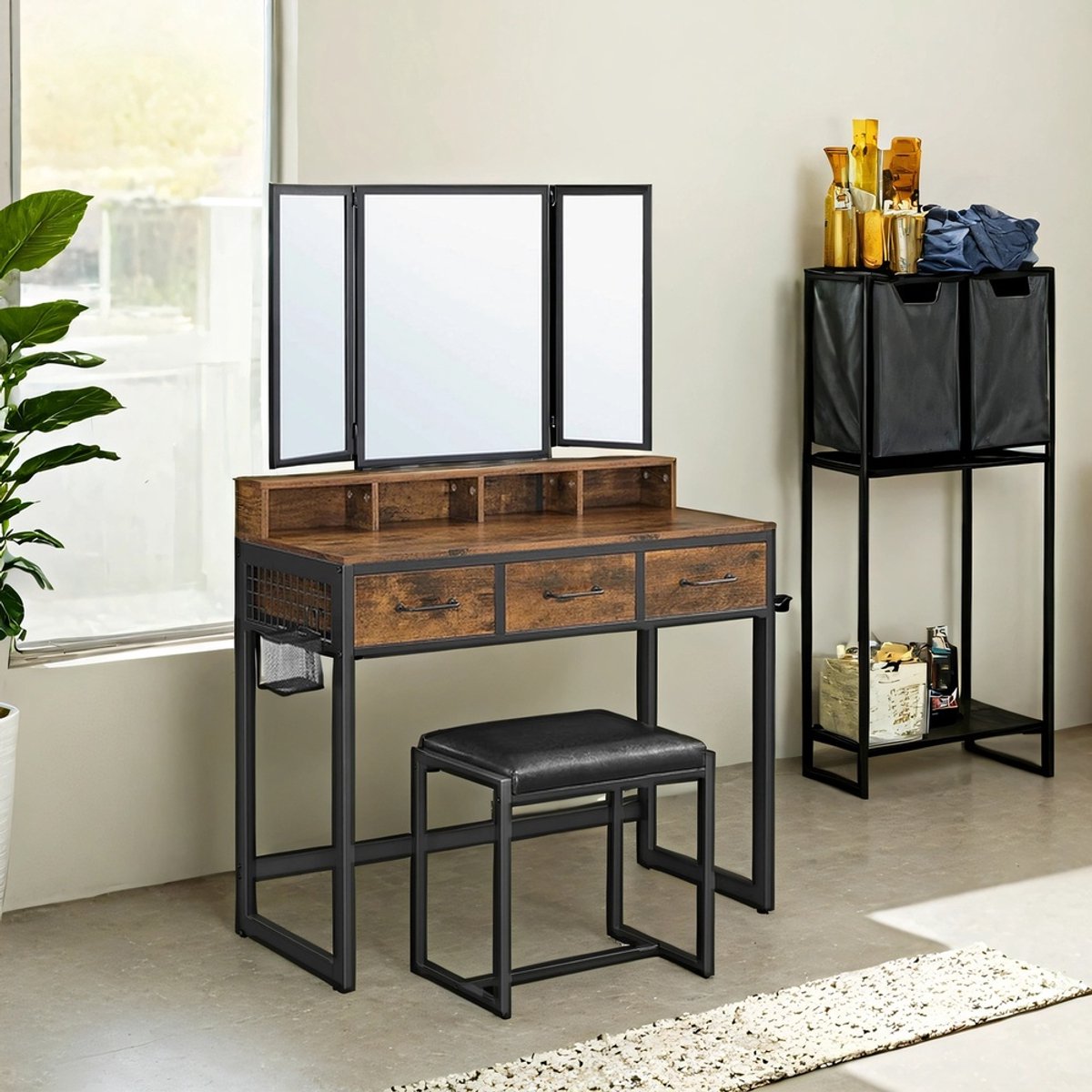 Make-uptafel – Met dubbele onderkast – Inclusief kruk – Drievoudige spiegel – 3 lades