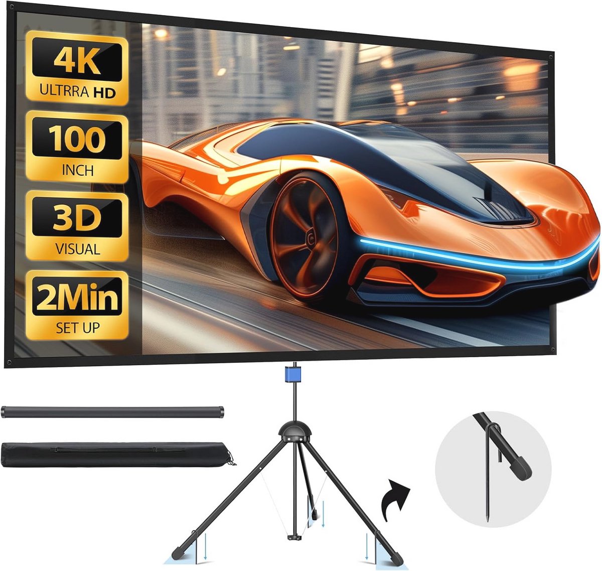 100 inch projectorscherm voor binnen en buiten - 16:9, 4K HD met 1,5 versterking