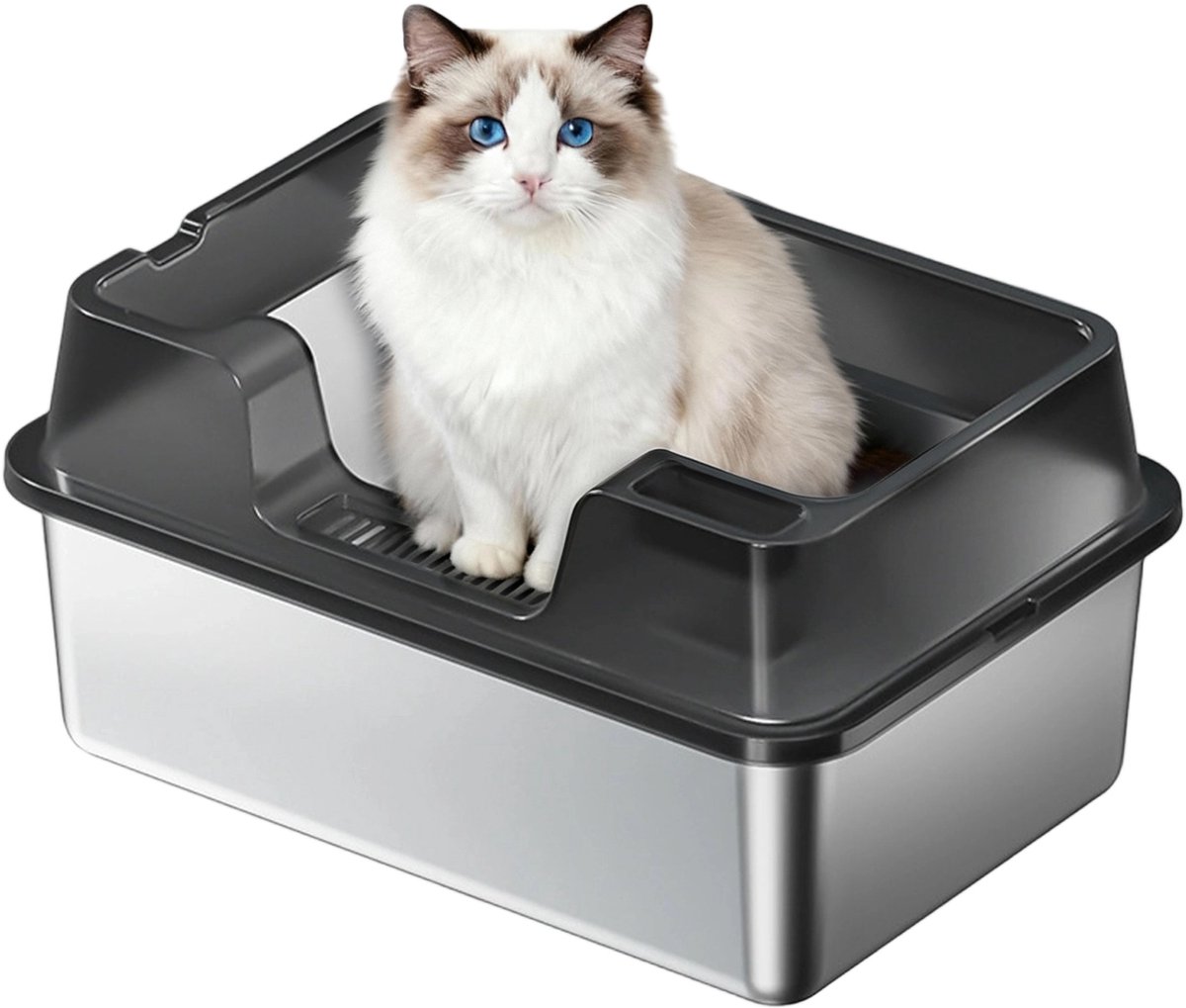 RVS Kattenbak - Kattentoilet Roestvrijstaal - Open Kattenbak - Incl. Kattenbakschep met Houder en Gritopvang Opstapje - 60x35x27cm - Zwart