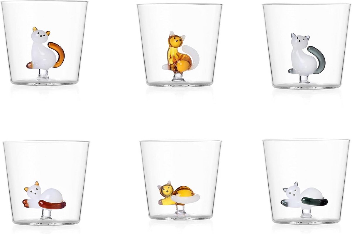 Set van 6 Glazen Drinkbekers met Kattenprint, 35cl