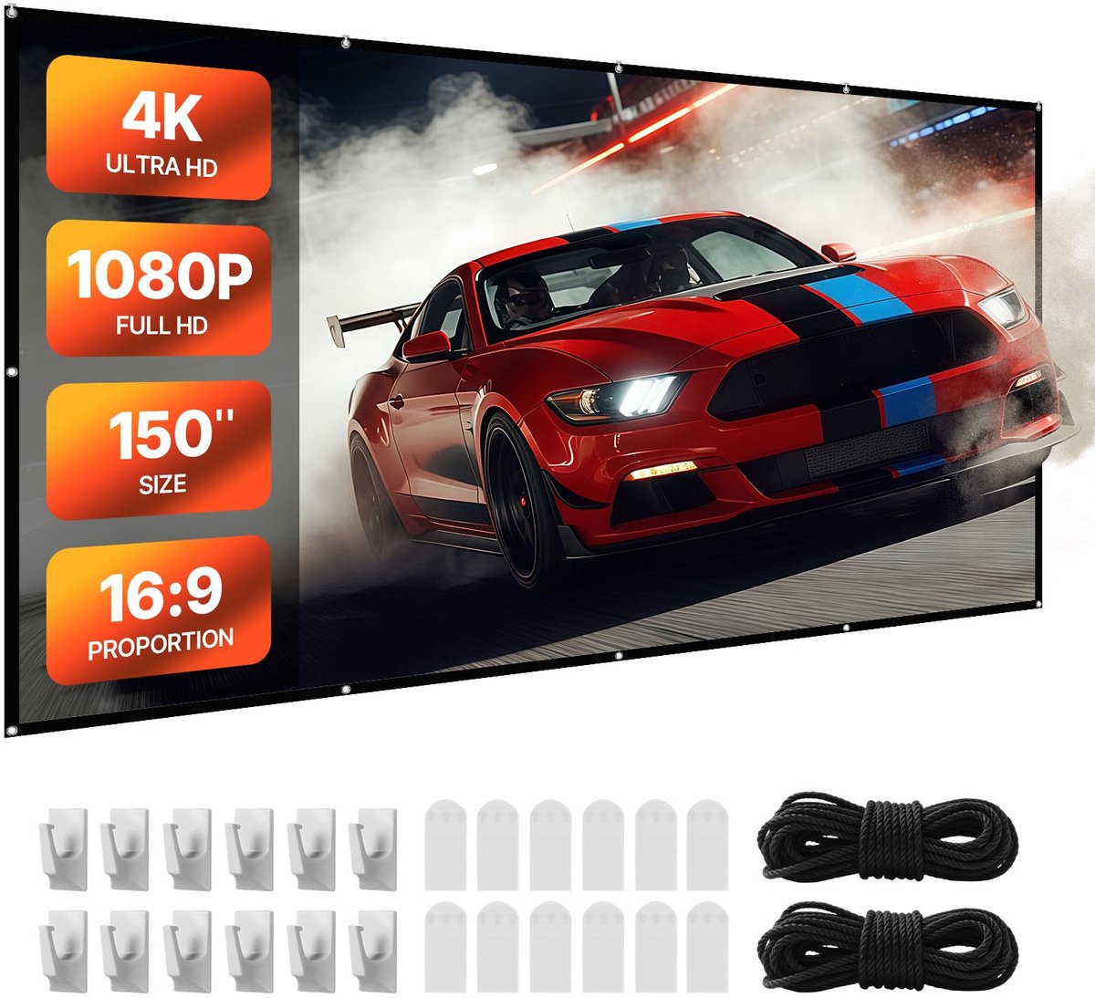 Projectiescherm - Projectiedoek - Diagonaal 381 cm - Beeldverhouding 16:9 - Ondersteunt 4K & 1080p - Muurmontage - Incl. 12 haken & dubbelzijdige tape - Thuisbioscoop