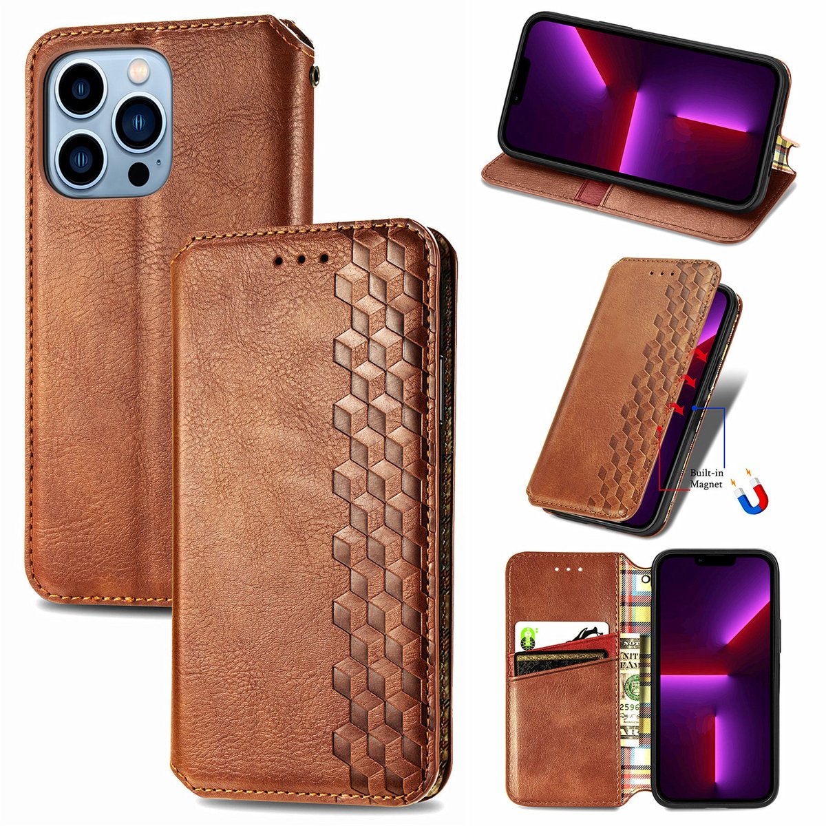 Luxe PU Lederen Ruitpatroon Wallet Case + PMMA Screenprotector voor iPhone 13 Pro _ Bruin
