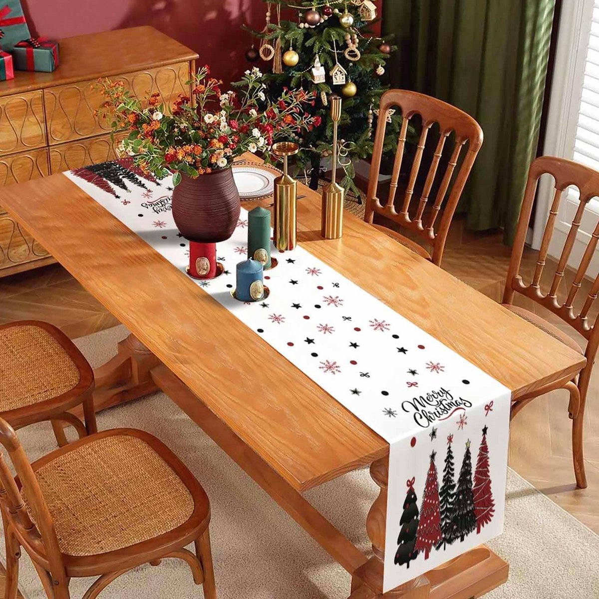 Elegante Kerst Tafelloper Zwart Rood Winterdecoratie 40x140 cm Wasbaar