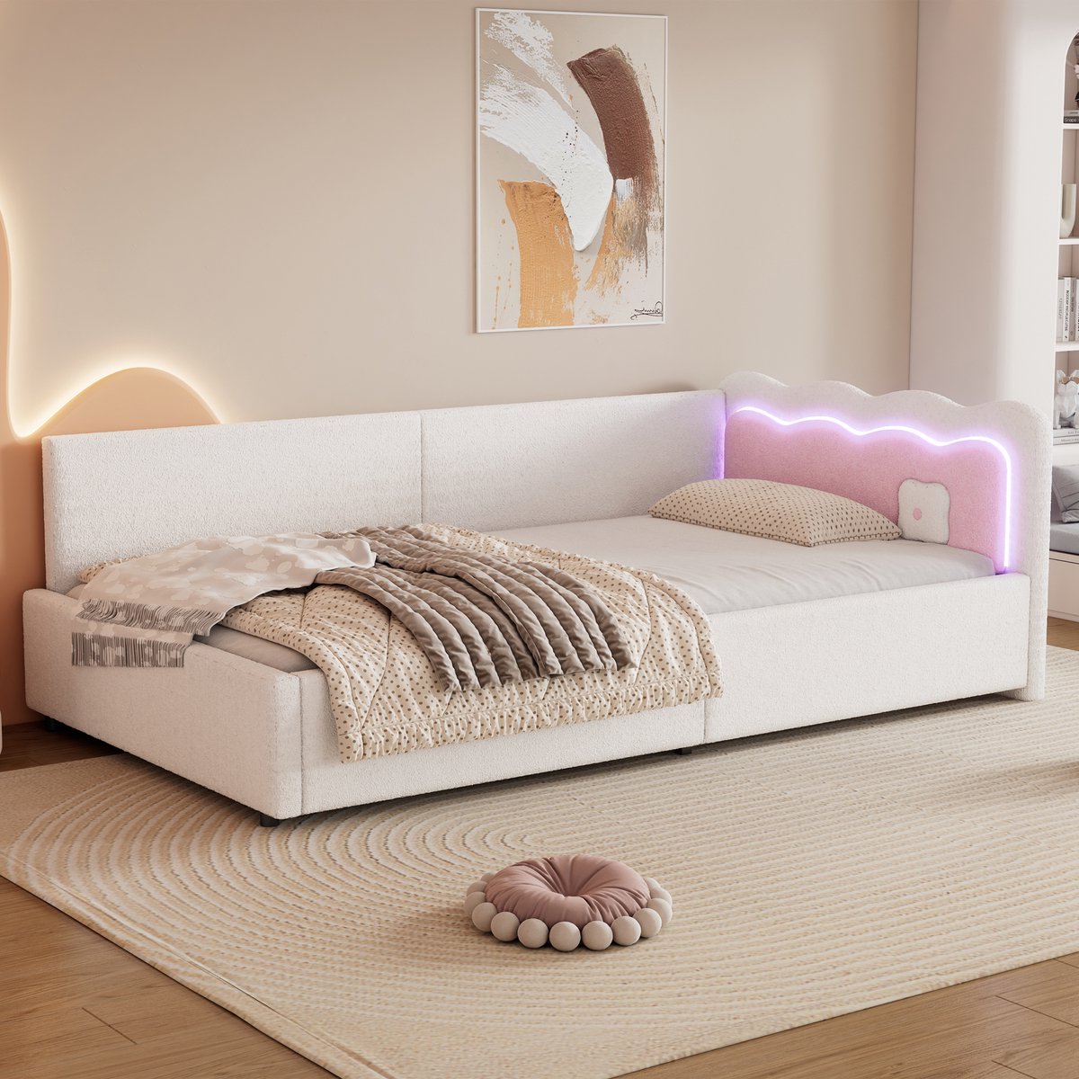 MODFU Bedframe 90x200 cm – Gestoffeerd velours met LED-sfeerverlichting – Modern dagbed – 