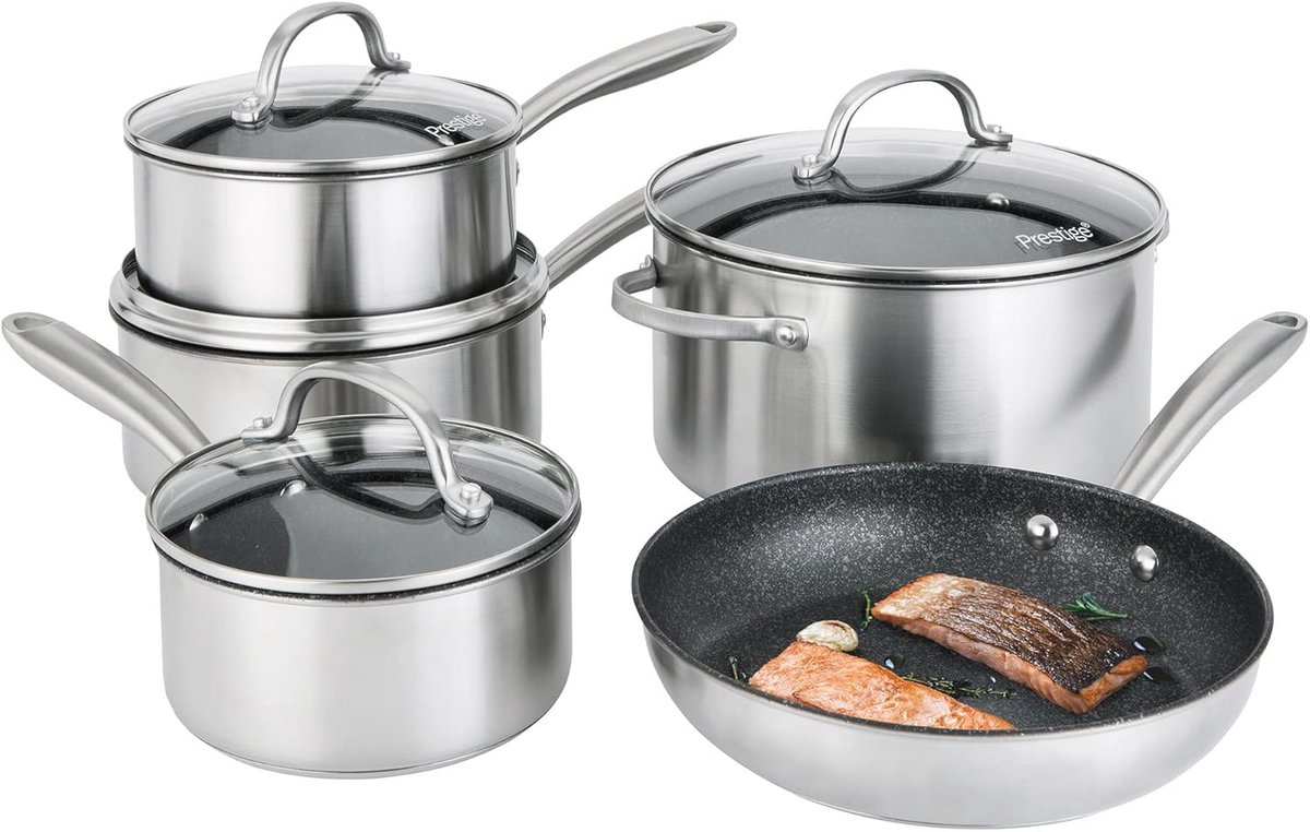 Krasbestendige 5-delige Steelpannenset - Aluminium Pannen met Glazen Deksels - Geschikt voor Inductie, Vaatwasmachine- en Ovenbestendig