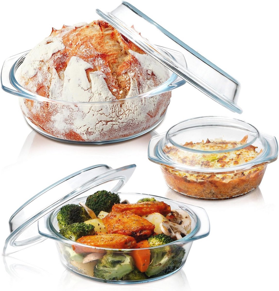 Ronde Glazen Ovenschaal Set met Deksel - 3 Stuks (0.65L, 1L, 1.4L)