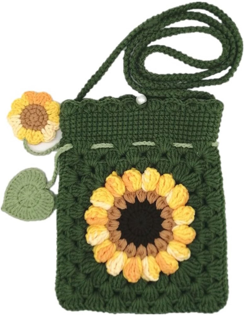 Handgemaakte gehaakte telefoon tas met zonnebloem design in 3 kleuren