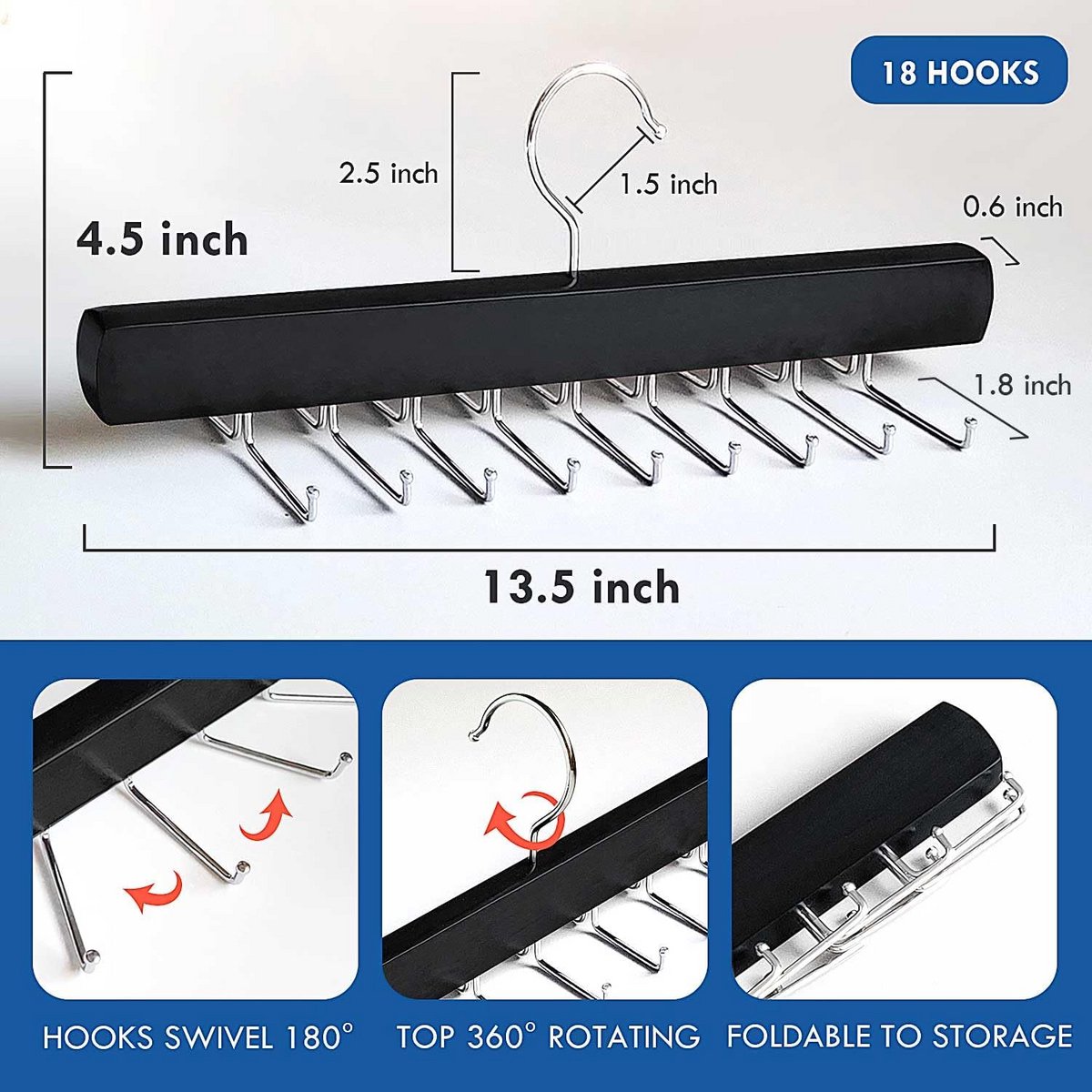 Space Saving Tie Rack Hanger for Men - 18 Hooks Closet Organizer