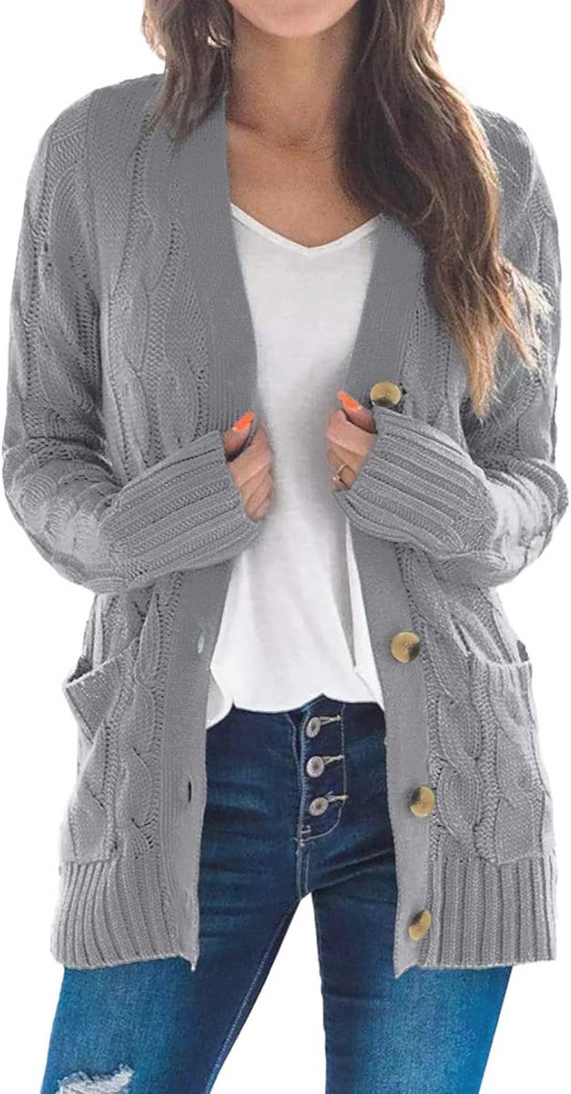 Dames Cardigan Lange Elegant Open Voor Chunky Brei Cardigan Met Knopen En Zakken