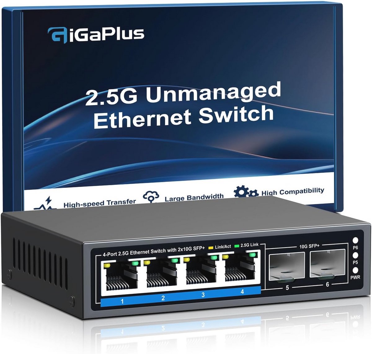 6-poorts 2.5Gb onbeheerde Ethernet-switch met 4*2.5G Base-T en 2*10G SFP+ poorten