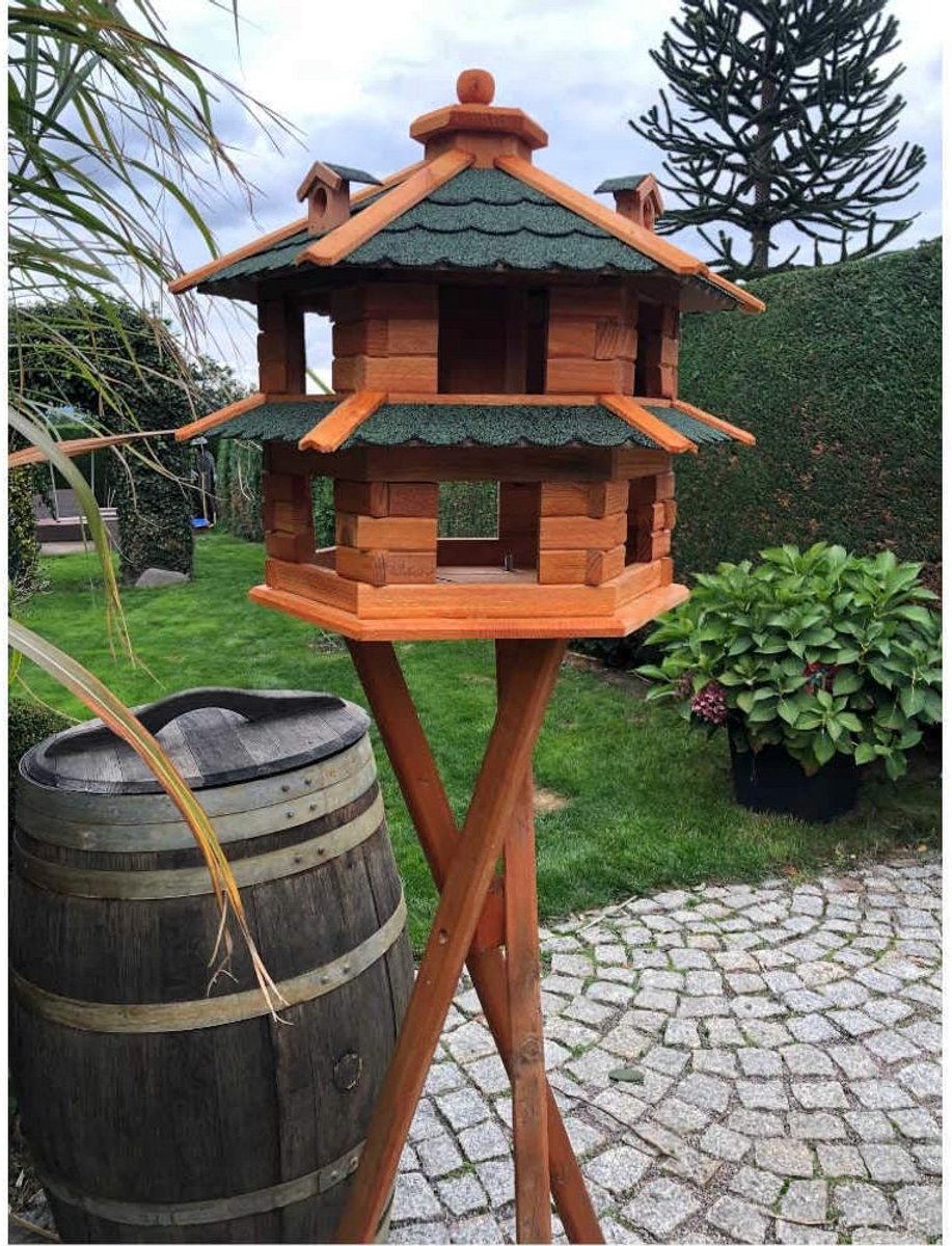 Zeshoekig Vogelhuis met Voederdispenser en Houten Standaard