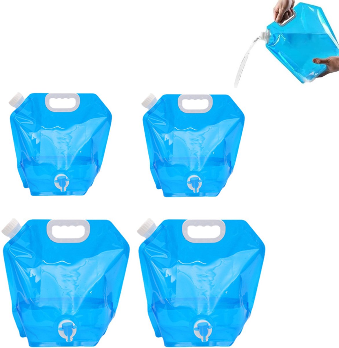 MDUG 4-delige opvouwbare waterzakset (5L + 10L) — Blauw — BPA-vrij — Lekvrij — Perfect voor kamperen, wandelen en barbecueën in de buitenlucht