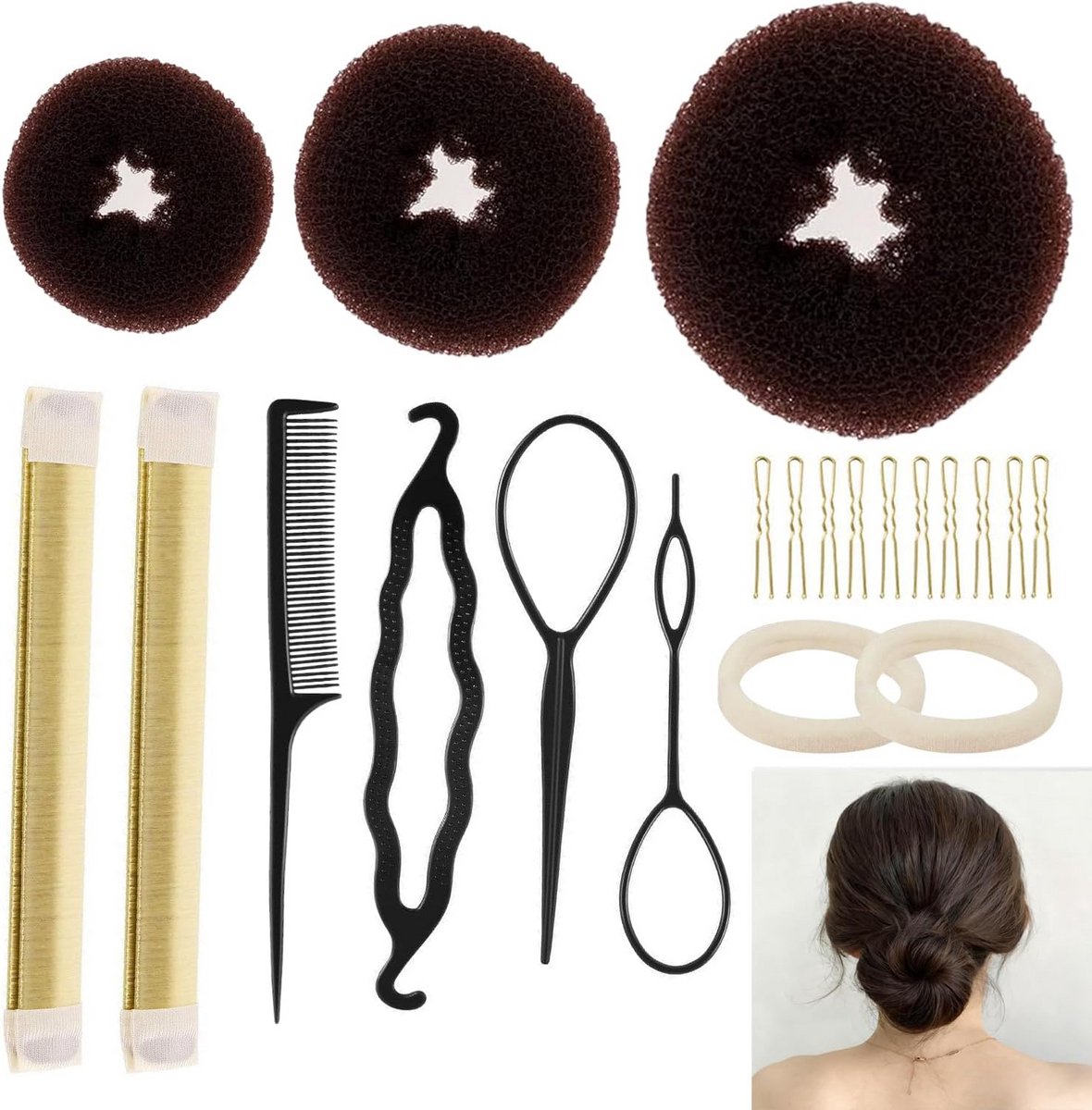 21-delige Haarknotset Bruin: Inclusief Donut Vormer voor Perfecte Kapsels en Chignons