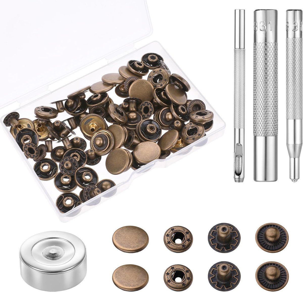 IMPERATORIS® Metalen Drukknoppen Set – Zwaar Uitgevoerde Drukknopen met Setterbasis en Holle Pons – Metalen Knopen voor Kleding, Leer, Jassen, Jeans en Handtassen – Niet Naaien – 15 mm – set van 24 – bronze