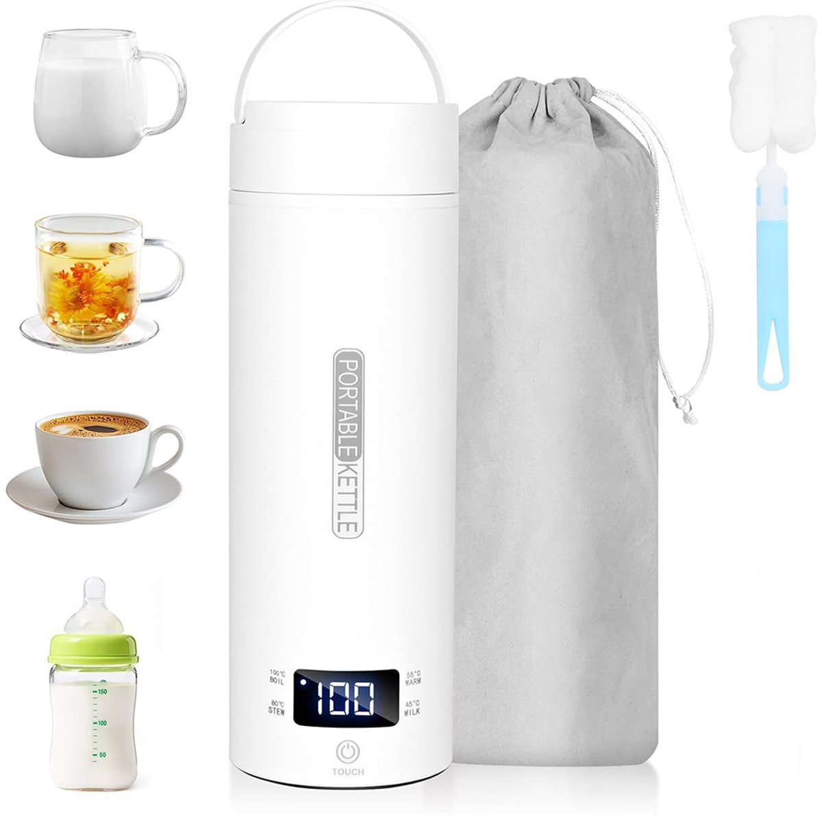 Draagbare Waterkoker met Temperatuurregeling - Heetwaterdispenser - Kleine Waterkoker Babyvoeding - Camping Waterkoker - Mini Waterkokers - 500ML - Reis Waterkoker - Wit
