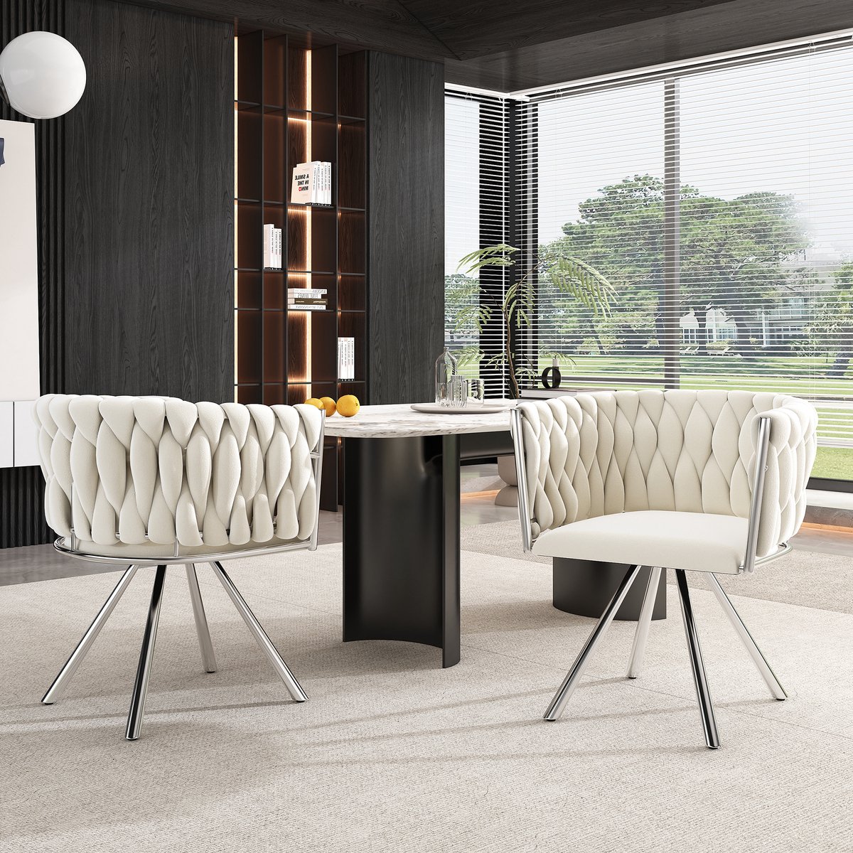OKWISH Eetkamerstoel – 360° Draaibare Stoel – Set van 2 – Fluweel – Beige – Metalen 4-Poot Frame – Hoog Dichtheid Schuim en Ergonomische Rugleuning