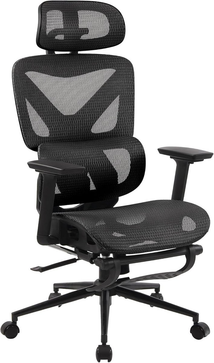 Ergonomische bureaustoel met voetensteun en 3D hoofdsteun - Zwart