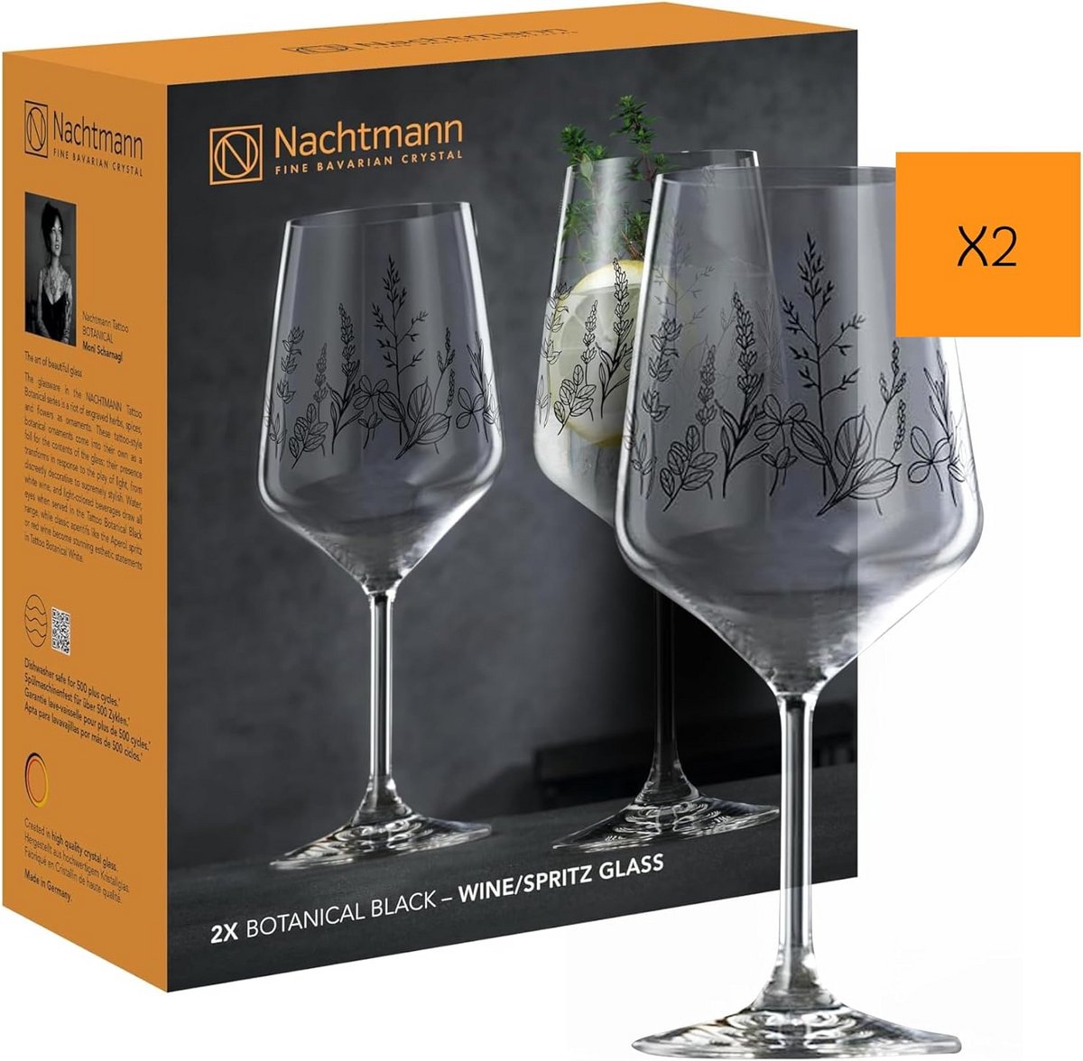 Set van 2 Kristallen Wijnglazen 630ml met Zwart Botanisch Bloemen- of Kruidenprint