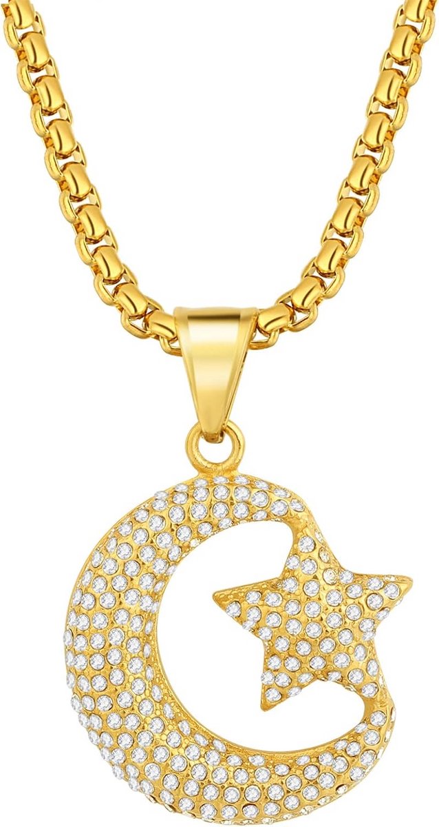 Gouden Herenketting met Ster en Maanhanger, Stijlvol met Strass