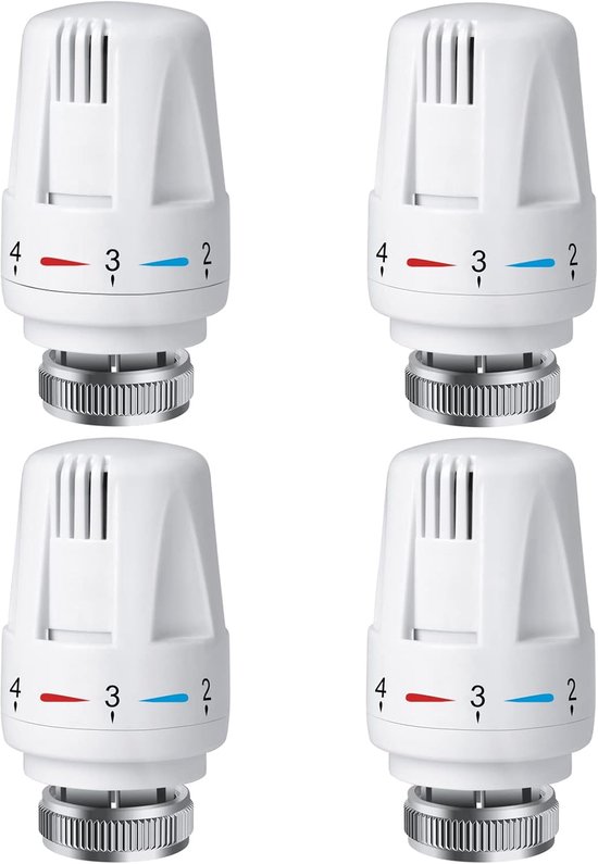 MDUG 4 têtes de robinet thermostatique (têtes de robinet uniquement) - Wit - Têtes de robinet thermostatique pour radiateurs M30 x 1,5 - Remplacement pour têtes de robinet standard pour radiateurs, convient pour maison/bureau