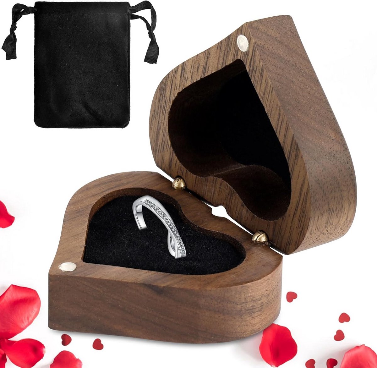 Houten Ringendoos Hartvormig Walnoot voor Bruiloft, Verloving en Cadeau met Fluweel