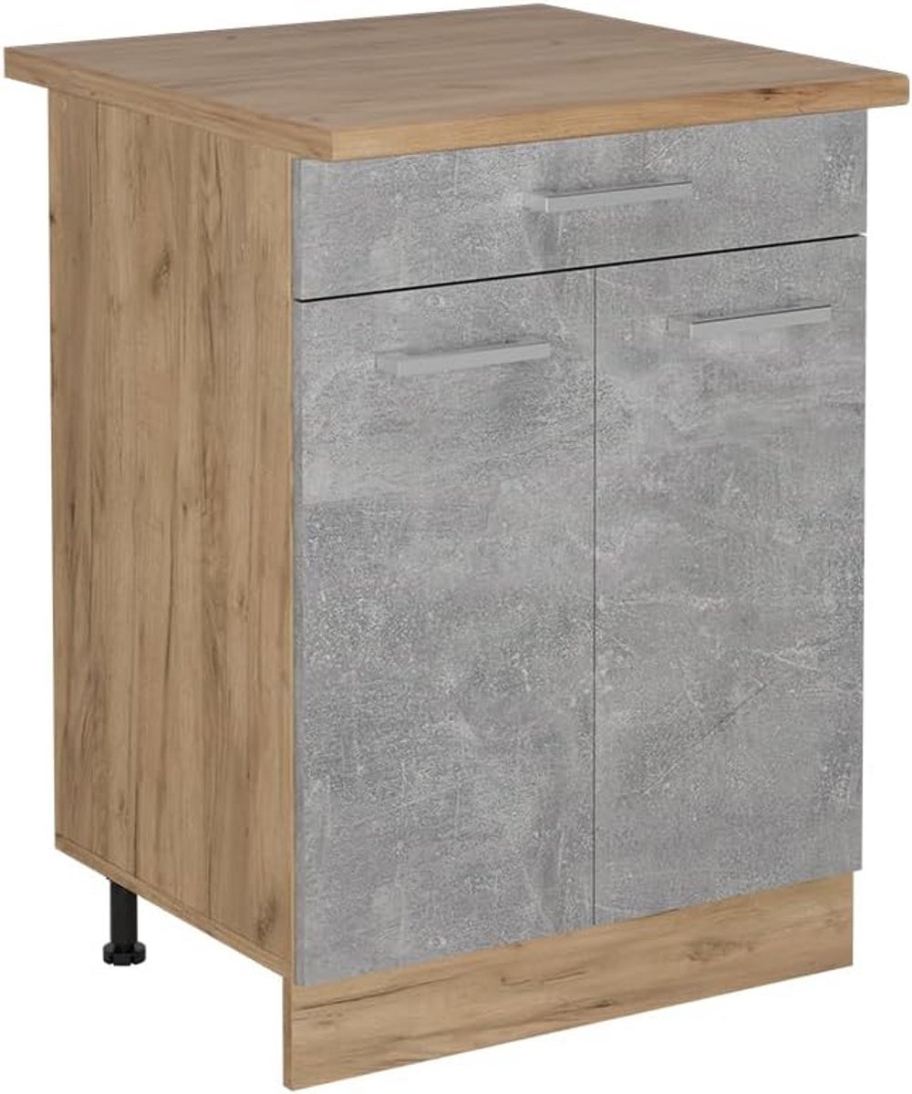Keukenonderkast met Lade en Werkblad, Betonlook, 60 cm Breed