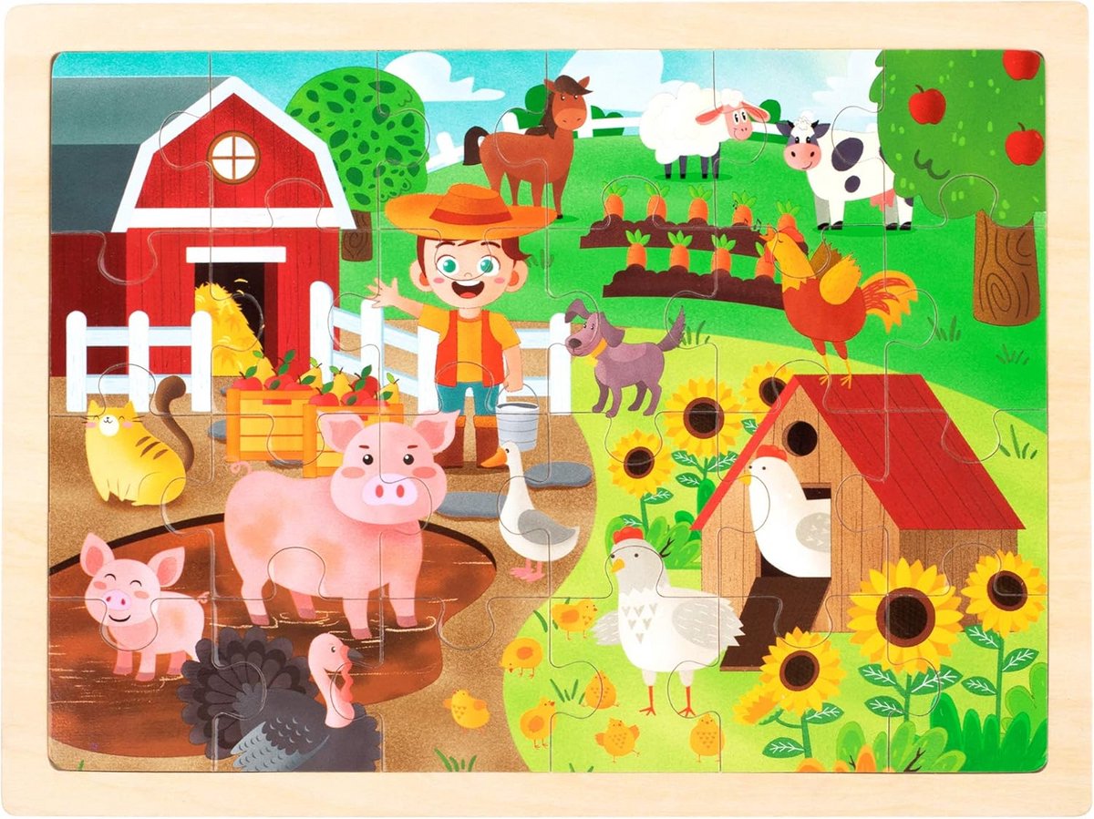 24 Houten Puzzels voor Kinderen van 3 tot 5 Jaar - Boerderij Thema Educatief Speelgoed