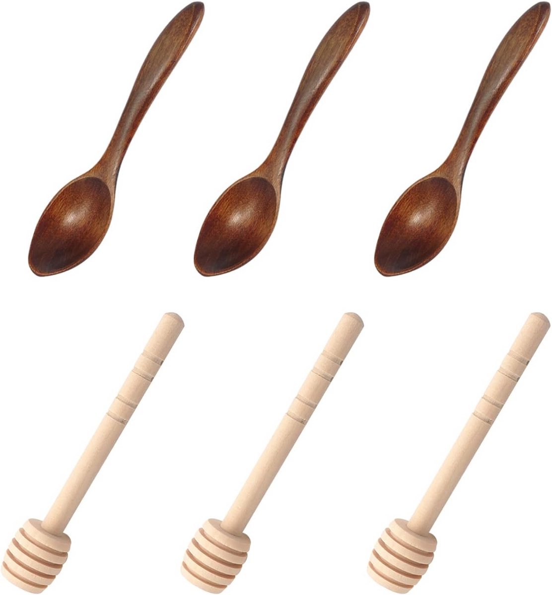 Honingroerder & Honinglepel Set van 6 - Houten Honing Sticks & Spiraal Roerstokken