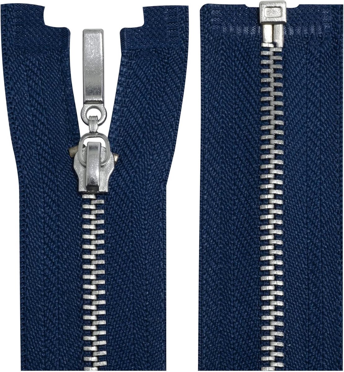 Set van 2 Metalen Deelbare Ritsen Maat 3, 50 cm, Verchroomd, Donkerblauw