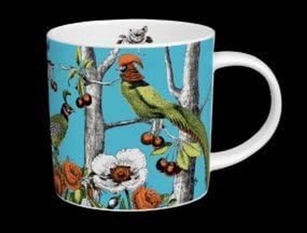 Grote blauwe bone china mok met bloemenmotief - handgemaakt in Stoke-on-Trent