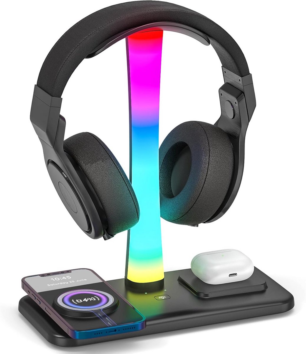 Hoofdtelefoonstandaard met 15W Draadloze Oplader en RGB Verlichting