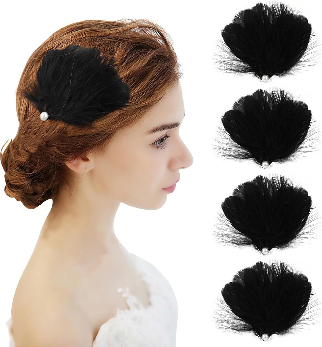 4x Elegante Zwarte Veer Haarspeld Kostuum Accessoire voor Feest en Bruiloft