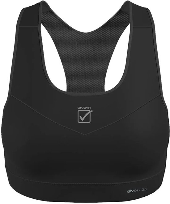 Zwarte sportbeha met racerback, GIVOVA logo en GIVDRY 2.0 opdruk.