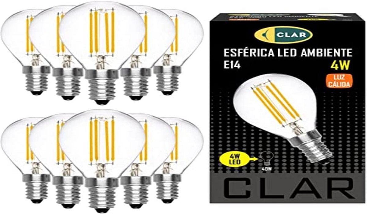 Set van 10x Kleine E14 LED Filament Lampen - Sfeervolle 4W Vintage Bolvormig Warm Wit Licht (2700K)