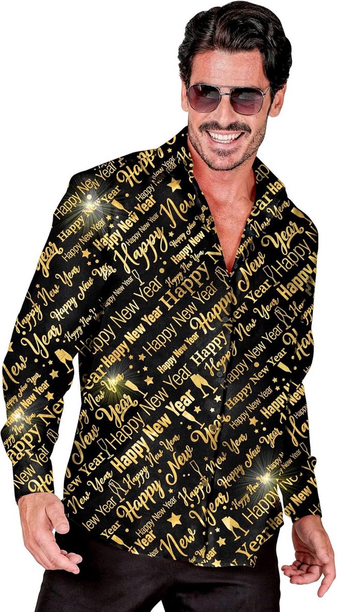 Heren Shirt Oud & Nieuw Feest Outfit met Gouden 'Happy New Year' Opdruk