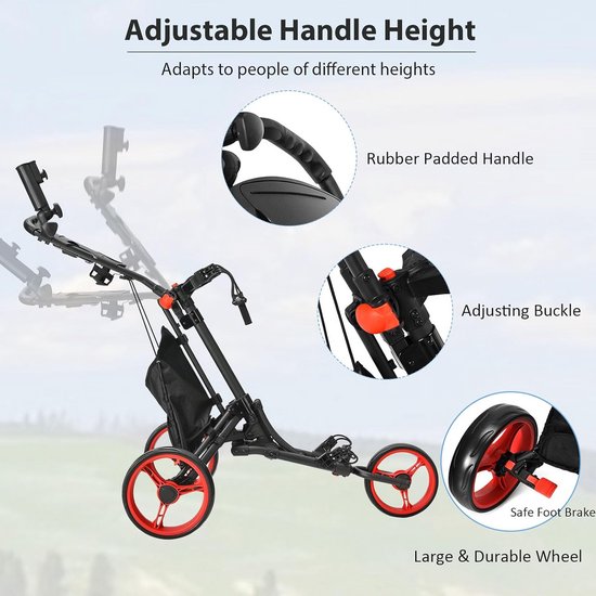 Inklapbare Golf Trolley met 3 Wielen en Voetrem - Verstelbare Handgreep en Accessoires — afbeelding 4
