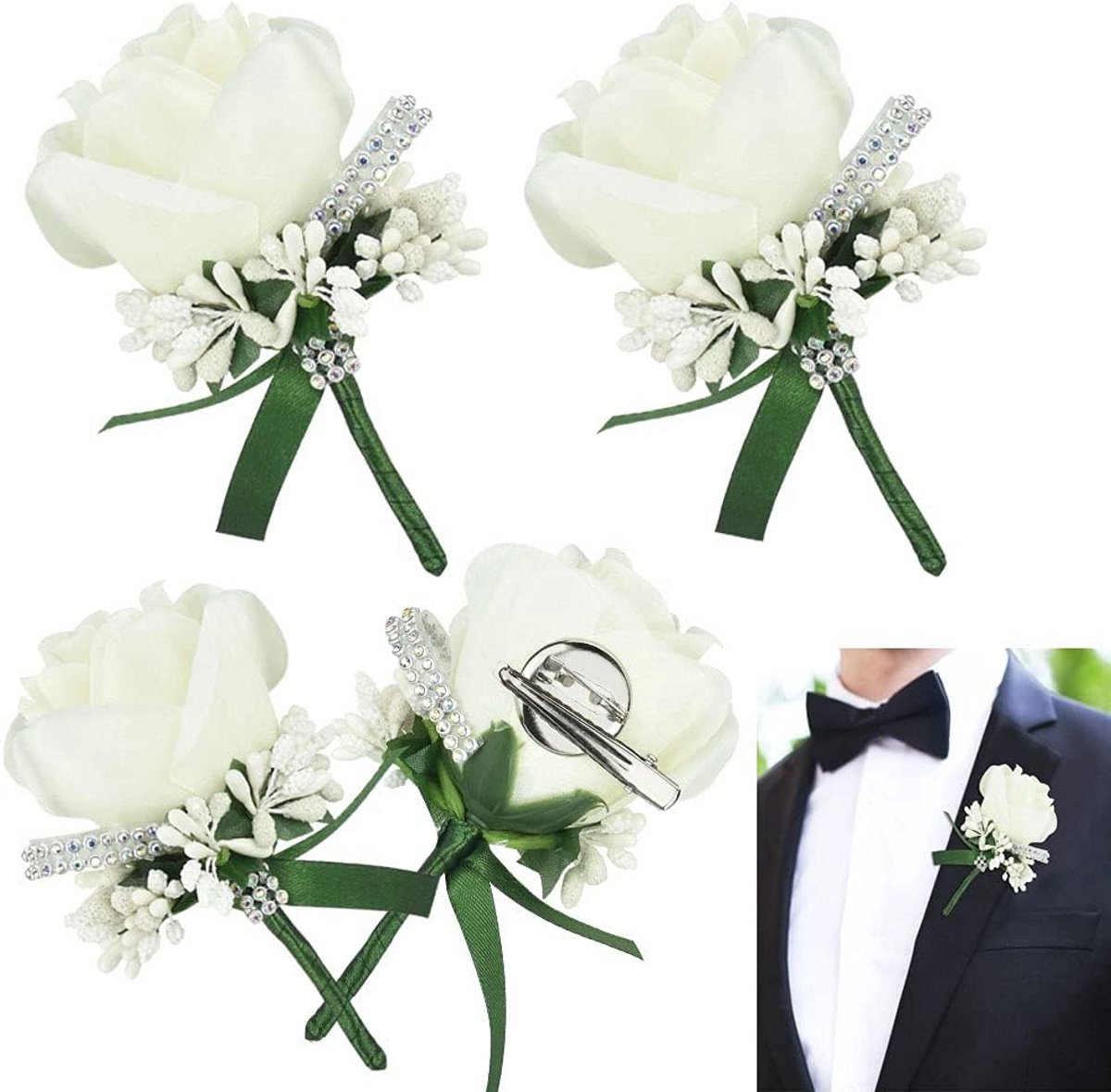 4x Witte Kunstbloemen Boutonniere voor Bruiloft Corsage Knoopsgat Decoratie