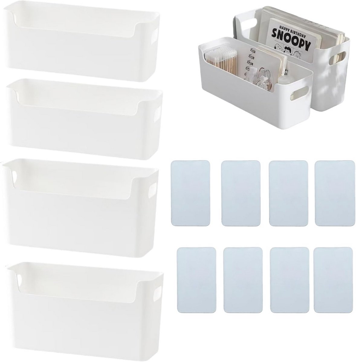 Set van 4 Smalle Witte Opbergdozen/Manden voor Keuken & Badkamer - Diverse Maten