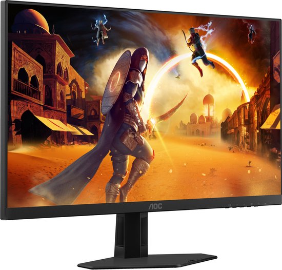 Zwarte AOC 23,8 inch gaming monitor met een QHD 180Hz display. Resolutie QHD, 180Hz, 1ms GTG, G-SYNC, HDR10.