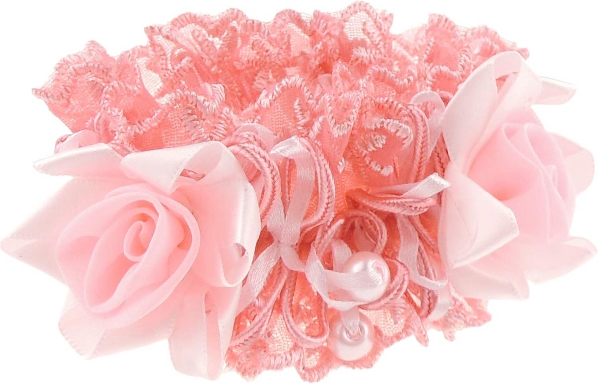 Chunky Kant en Satijnen Haar Scrunchie met Rose Kristallen
