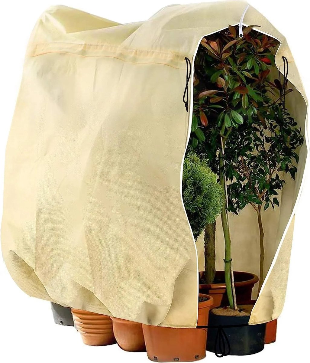 Winterplantenbeschermingshoes, potplanten vorstbeschermingszak, met rits en trekkoord, winterplantenbeschermingszak, plantenhoes, vorstbestendig vlies, 120x180 cm, beige