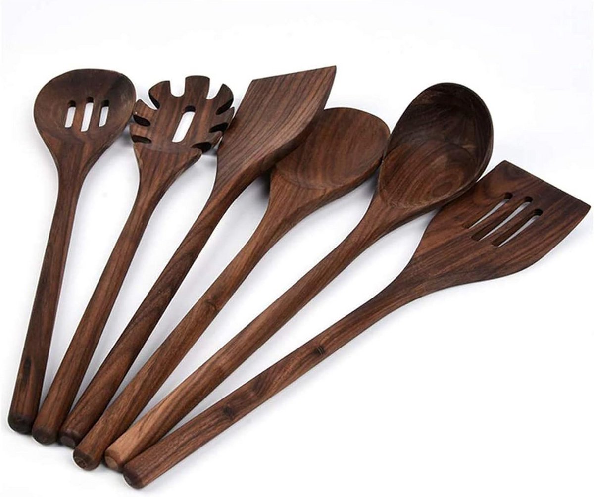 6-delige Houten Keukengerei Set Zwarte Walnoot - Lange Steel - Kookgerei Antiaanbak